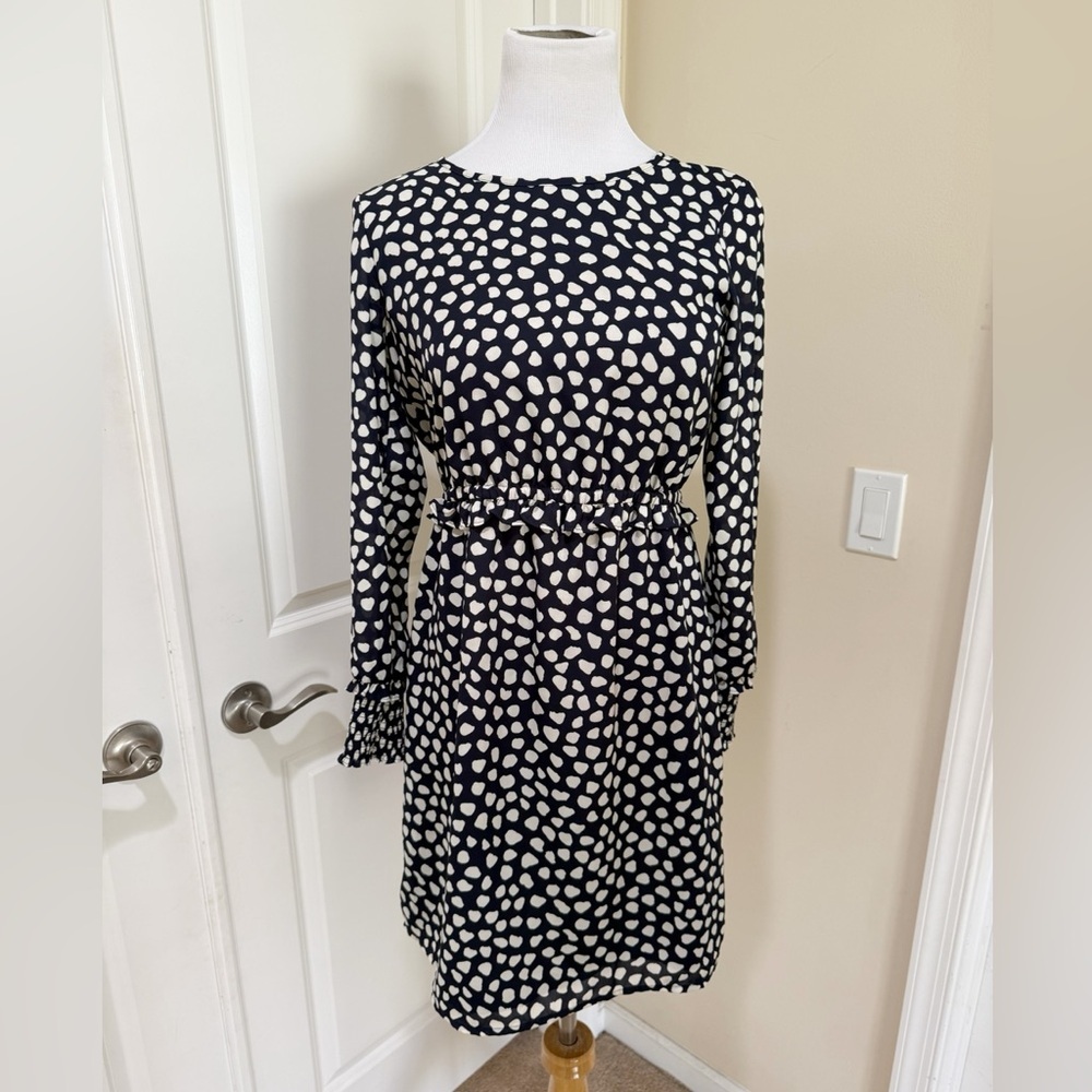NWT J. Crew Navy Blue and White Polka Dot Long Sleeve Ruffle Waist Dress Size 2